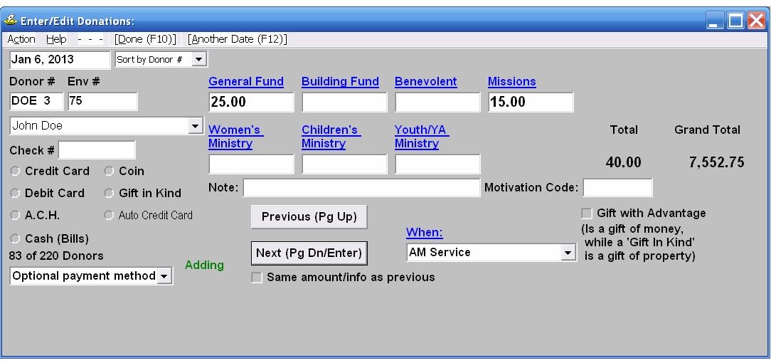Donation Entry/Edit Window
